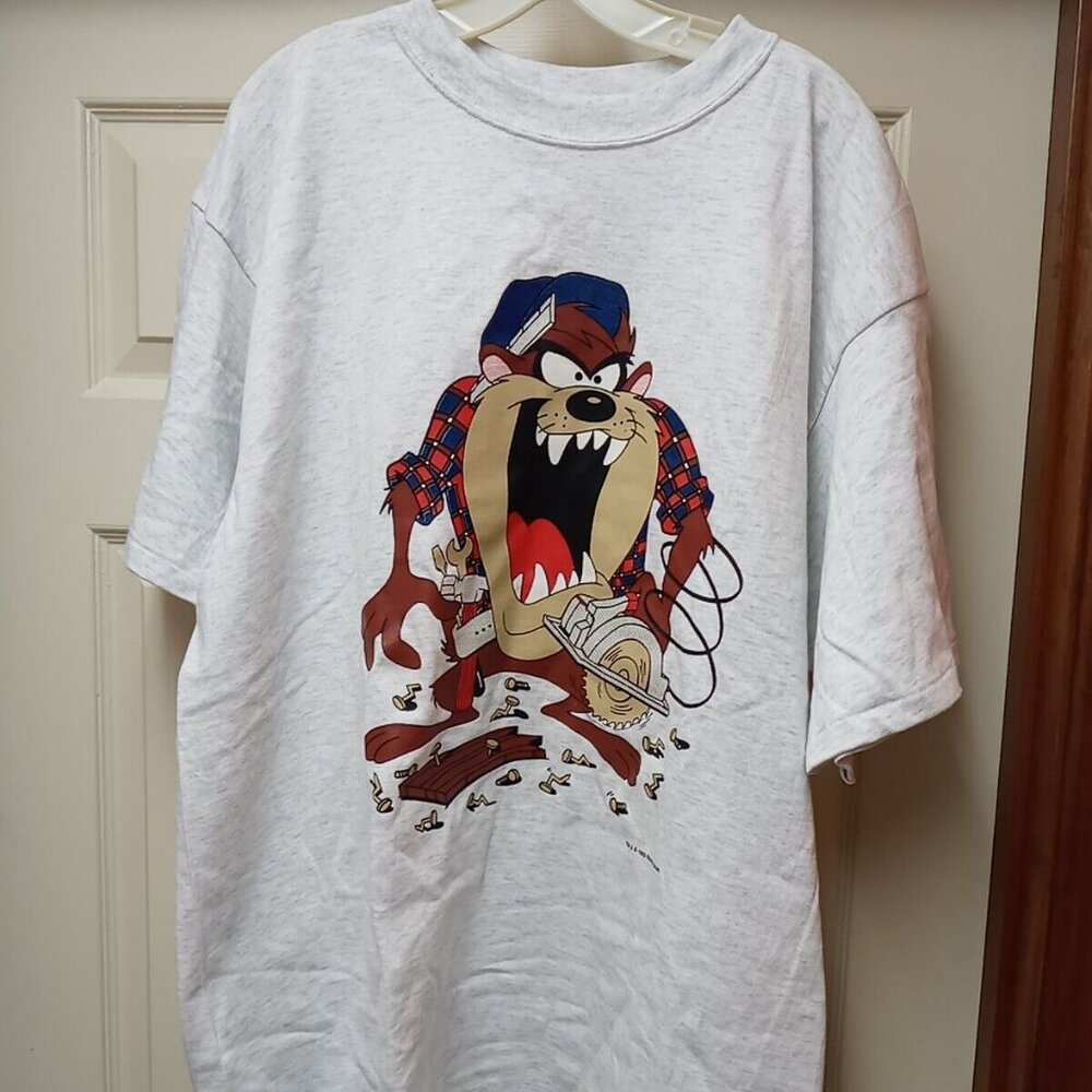 Vtg 1990s Looney Tunes Taz T-Shirt Carpenter Big Print XL NWT Single Stitch Gray
